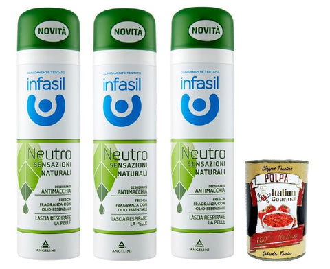 Infasil Deo Infasil Deodorant deo Spray Neutro Sensazioni Naturali Fragranza con Olio Essenziale, Fleckenabweisend, ohne Aluminiumsalze, 3x 150ml + Italian Gourmet polpa 400g 8000036024287