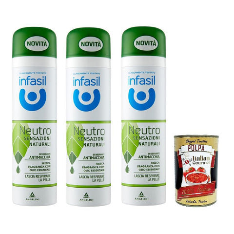 Infasil Deodorant deo Spray Neutro Sensazioni Naturali Fragranza con Olio Essenziale, Fleckenabweisend, ohne Aluminiumsalze, 3x 150 ml italienisch Original