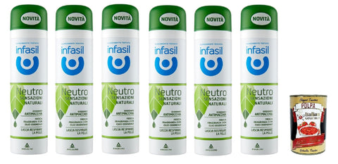 Infasil Deo Infasil Deodorant deo Spray Neutro Sensazioni Naturali Fragranza con Olio Essenziale, Fleckenabweisend, ohne Aluminiumsalze, 6x 150ml + Italian Gourmet polpa 400g 8000036024287