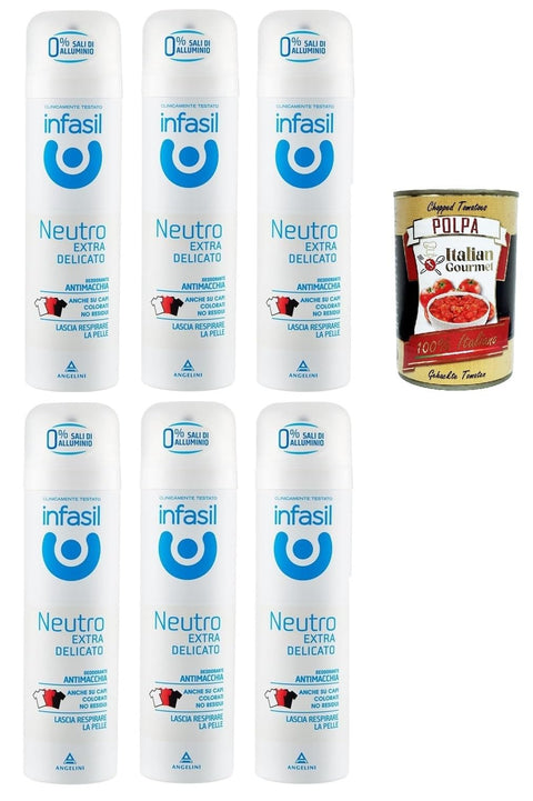 Infasil Deo Infasil Deodorant-Spray, neutral, extra sanft, fleckenabweisende Formel ohne Aluminiumsalze, wirksam bis zu 24 Stunden, 6x 150 ml + Italian Gourmet polpa 400g 8000036021620