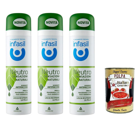 Infasil Deo Infasil Deospray Neutro Sensazioni Naturali Olio Essenziale Neutral Deospray Natural Sensations Ätherisches Öl 3x150ml Original italienisch inkl. Italian Gourmet Polpa 400g 8032804040014