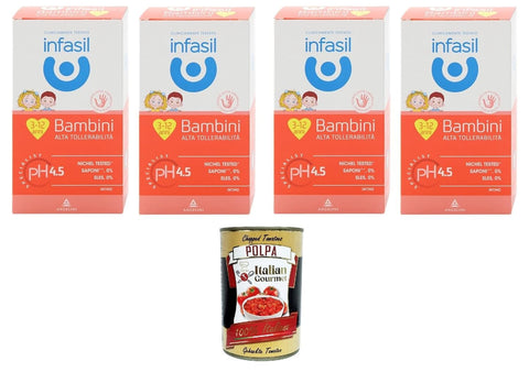Infasil Duschgel Infasil Detergente Intimo Bambini Alta Tollerabilità,Intimreiniger für Kinder - Unter pädiatrischer Kontrolle getestet, auf Nickel getestet, ohne Farbstoffe, 4x200ml+ Italian Gourmet polpa 400gr 8000036021934