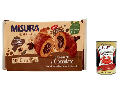 Italian Gourmet Abgepackte Gebäckstücke 12x Misura Cornetti Fibrextra Cioccolato Schokolade Croissants, 100 % Vollkornmehl 300 g + Italian Gourmet polpa 400g 8002590076887