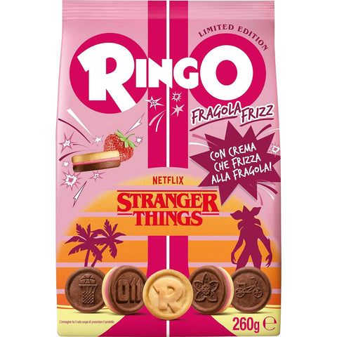 Pavesi Snack Ringo Fragola Stranger Things Special Edition, Kekse gefüllt mit Sprudelcreme mit Erdbeergeschmack 3x260g Original italienisch