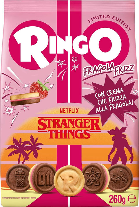 Pavesi Snack Ringo Fragola Stranger Things Special Edition, Kekse gefüllt mit Sprudelcreme mit Erdbeergeschmack 3x260g Original italienisch
