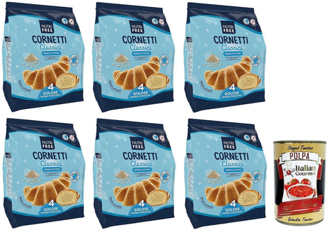 Italian Gourmet Abgepackte Gebäckstücke 6x Nutrifree Cornetti Classici,Klassische Croissants mit einem zarten Butteraroma,gluten- und laktosefreien,200g,Multipack mit 4 Einzelportionen + Italian Gourmet Polpa di Pomodoro 400g Dose 8008696030235