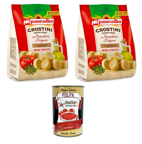 Panealba Crostini Multipack Gusto Pizza Mit Tomate und Oregano 2x168 g italienisch Original Snack + gratis polpa 400 g