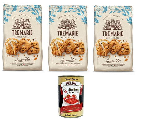 Italian Gourmet Abgepackte Gebäckstücke Tre Marie Ancora uno Frollini con caramello e cioccolato Shortbread mit Karamell und Schokolade 3x 315gr + Italian Gourmet polpa 400g 8002190006758