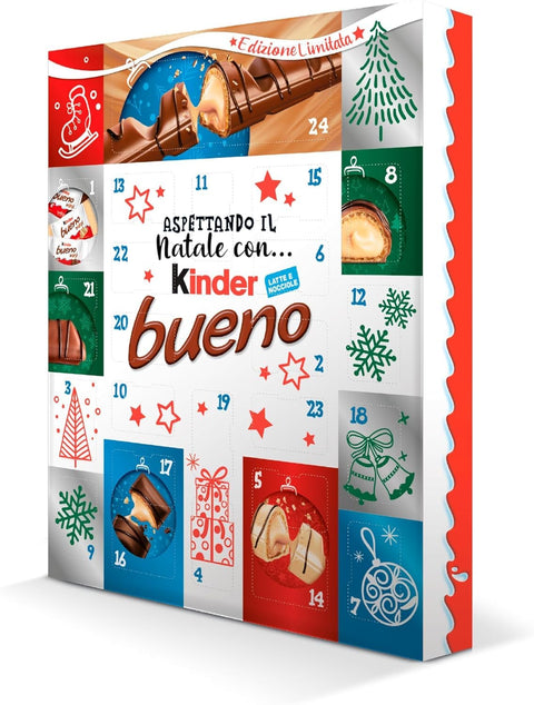 Italian Gourmet Adventskalender Kinder Bueno Calendario dell'Avvento Adventskalender 181g – Schokoladenfüllung mit Haselnusscreme – Perfekt für Weihnachten