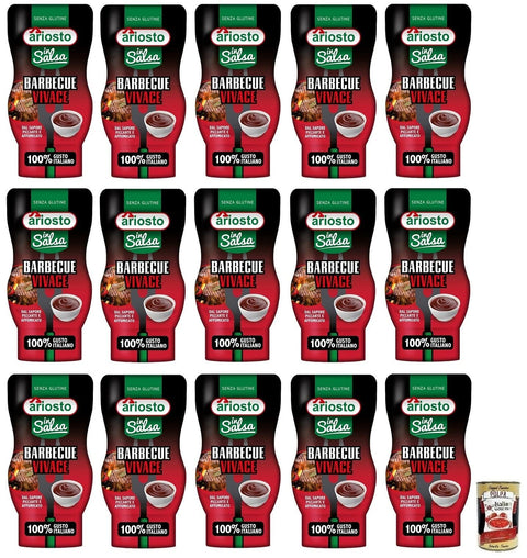 Italian Gourmet Barbequesaucen 15x Ariosto Salsa Barbecue Vivace,BBQ-Sauce, glutenfrei,mit einem würzigen und rauchigen Geschmack,100% italienischer Tomaten,315-g-Squeeze Flasche + Italian Gourmet Polpa di Pomodoro 400g Dose 8006390051020