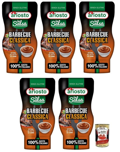 Italian Gourmet Barbequesaucen 5x Ariosto Salsa Barbecue Classica,Klassische BBQ-Sauce, glutenfrei,mit einem würzigen und rauchigen Geschmack,100% italienischer Tomaten,315-g-Squeeze Flasche + Italian Gourmet Polpa 400g 8006390051013