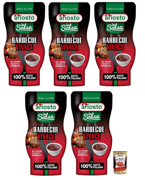 Italian Gourmet Barbequesaucen 5x Ariosto Salsa Barbecue Vivace,BBQ-Sauce, glutenfrei,mit einem würzigen und rauchigen Geschmack,100% italienischer Tomaten,315-g-Squeeze Flasche + Italian Gourmet Polpa di Pomodoro 400g Dose 8006390051020