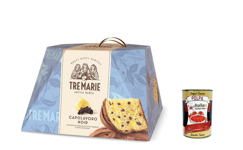 Italian Gourmet Brot & Backwaren 4x Tre Marie Panettone CAPOLAVORO NOIR mit extra dunklen Schokoladenstückchen und Vanillesoße 830g + Italian gourmet polpa 400g 8004205046513