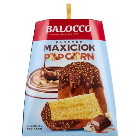 Italian Gourmet Brot & Backwaren Balocco Pandoro Maxiciok Pop Corn 800 g – Italienischer Weihnachtskuchen mit Schokolade, Popcorn & Kakaocreme – Traditionelles Festgebäck aus Italien