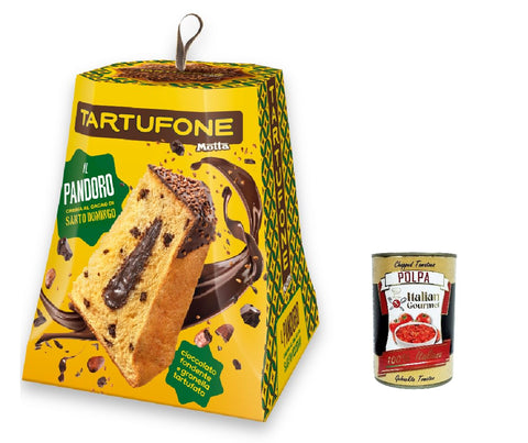 Italian Gourmet Brot & Backwaren Motta Tartufone Pandoro con Crema al Cacao gefüllt mit Santo Domingo Kakaocreme und überzogen mit dunkler Schokolade 750g + Italian gourmet polpa 400g 8000961006365