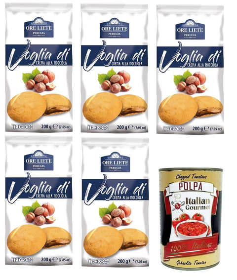 Italian Gourmet Brot & Backwaren Ore Liete Perugia- Voglia Di Biscotti di frolla ripieni di Crema alla Nocciola Lust auf Mürbeteigkekse gefüllt mit Haselnusscreme 5x200gr+ Italian Gourmet polpa 400g 8032804040014