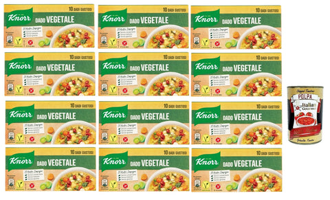 Italian Gourmet Brühe 12x Knorr Dado Vegetale, dado brodo Suppen würfel Brühe 10 pz, Nachhaltige Gemüsebrühe, glutenfrei, Laktose und Konservierungsmittel, für Suppen, Gemüsebrühwürfel + Italian Gourmet polpa 400g 8032804040014