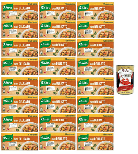 Italian Gourmet Brühe 24x knorr Delicato dado brodo Suppenwürfel Brühe sanft 10 pz, Nachhaltige Gemüsebrühe, glutenfrei, Laktose und Konservierungsmittel, für Suppen und gegrilltes Fleisch + Italian Gourmet polpa 400g 8032804040014