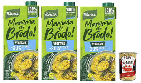 Italian Gourmet Brühe 3x Knorr Mamma Che Brodo! Gemüsebrühe mit -30% * Salz, natürliche Zutaten und Gemüse aus nachhaltiger Landwirtschaft, Gluten -frei und Laktose -1L + Italian Gourmet polpa 400g 8032804040014
