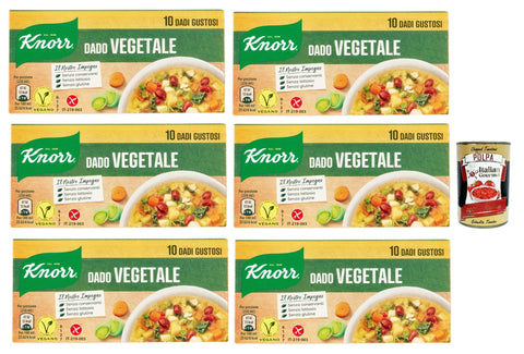 Italian Gourmet Brühe 6x Knorr Dado Vegetale, dado brodo Suppen würfel Brühe 10 pz, Nachhaltige Gemüsebrühe, glutenfrei, Laktose und Konservierungsmittel, für Suppen, Gemüsebrühwürfel + Italian Gourmet polpa 400g 8032804040014