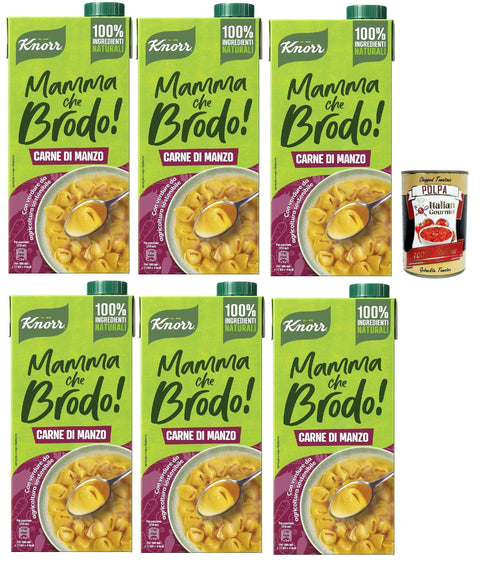 Italian Gourmet Brühe 6x Knorr Mamma Che Brodo! Rindfleisch - Bereitsbrühe 100% natürliche Zutaten, glutenfrei, Laktose und Farbstoffen, mit nachhaltigem Landwirtschaftsgemüse - 1l + Italian Gourmet polpa 400g 8032804040014