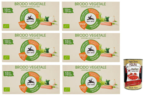 Italian Gourmet Brühe & Fond 6x Alce Nero Brodo Vegetale,Zubereitet für Bio-Brühe in Würfeln,Packung mit 100g, jede Packung enthält 10 Bio-Gemüsebrühwürfel à 10g + Italian Gourmet Polpa di Pomodoro 400g Dose 8009004810167