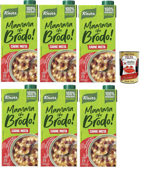 Italian Gourmet Brühe Knorr Mamma Che Brodo! Gemischte Fleisch-Fertigbrühe mit 100% natürlichen Zutaten und Gemüse aus nachhaltiger Landwirtschaft, gluten- und laktosefrei, 6x 1LT + Italian Gourmet polpa 400g 8032804040014