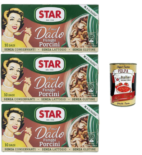 Italian Gourmet Brühe Star dado funghi porcini brodo Steinpilze Suppenwürfel Brühe 10 pz. 3x 100g + Italian Gourmet polpa 400g 8032804040014