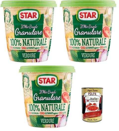 Italian Gourmet Brühe STAR Il Mio Brodo Granulare 100% Naturale Vegetale, 3x 150gr, reich an Geschmack, Palmöl ohne Glutamat, Gluten -frei. Hervorragend zum Geschmack Ihrer Rezepte + Italian Gourmet polpa 400g 8032804040014