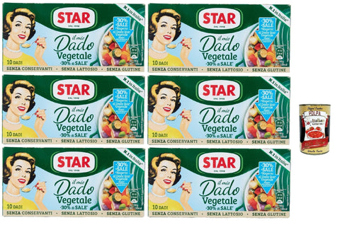Italian Gourmet Brühe Star il mio Dado Vegetale -30% di Sale 10 Dadi, Suppenwürfel Brühe mit 9 Gemüsesorte reich an Geschmack mit -30% salz, 6x 100 g + Italian Gourmet polpa 400g 8032804040014