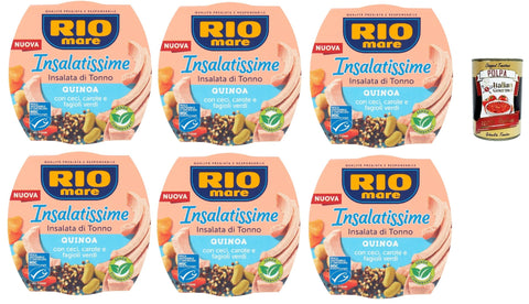 Italian Gourmet Bulgur, Couscous & Quinoa Rio Mare Insalatissime di tonno Gusto Quinoa, Tuna Salad, Thunfischsalat mit Quinoa, Kichererbsen, Karotten und grünen Bohnen 6x 220 g + Italian Gourmet polpa 400g 8032804040014