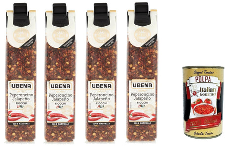 Italian Gourmet Chili UBENA Peperoncino Jalapeño In Fiocchi, Jalapeño-Chili-Flocken, intensive Schärfe, ideal für exotische Gerichte, Gyros und Chili con Carne, Clip-Beutel-Format 4x25 gr+ Italian Gourmet polpa 400g 8032804040014
