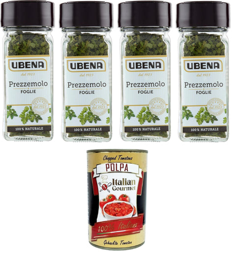 Italian Gourmet Chili UBENA, Prezzemolo in Foglie, Petersilienblätter, ideal zum Würzen von Salaten, kalten Gerichten und delikaten Saucen, 4x 7-g-Glasformat+ Italian Gourmet polpa 400g 8032804040014