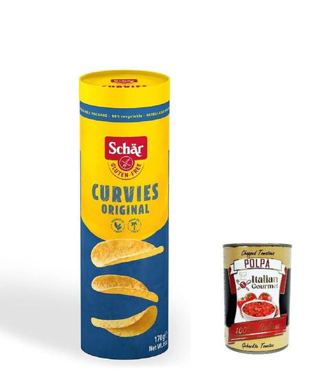 Italian Gourmet Chips 12x Schär, Curvies Original, Klassische Chips, herzhafter Snack auf Kartoffelbasis, glutenfrei und palmölfrei, vegan, 170 g + Italian Gourmet polpa 400g 8008698031056