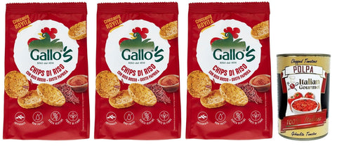 Italian Gourmet Chips 3x Riso Gallo Chips con Riso Rosso,Snack mit Vollkorn Rotem Reis und Paprika Geschmack,40g-Beutel + Italian Gourmet Polpa di Pomodoro 400g Dose 8001420011760