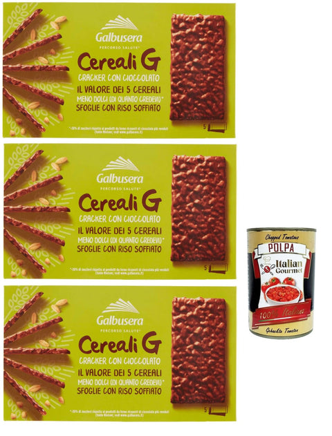 Italian Gourmet Chips Galbusera CerealiG cracker ai 5 cereali con riso soffiato ricoperte di cioccolato, 5 Getreide crackers mit aufgebrauchtem Reis mit Schokolade bedeckt 3x 150 g + Italian Gourmet polpa 400g 8032804040014