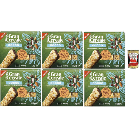 Mulino Bianco Gran Cereale Snack, Trockene Obstbalken mit Kokosnussstücken, Schokolade und Mandeln Frühstück und süße Snacks, 6x 112 g italienisch Original