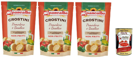 Italian Gourmet Chips Panealba Crostini Pomodoro e Basilico Croutons mit Tomate und Basilikum Gesalzener Snack Nicht Gebraten Nicht Frittiertes 3x 100g + Italian Gourmet polpa 400g 8032804040014