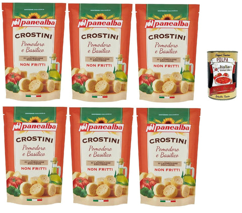 Italian Gourmet Chips Panealba Crostini Pomodoro e Basilico Croutons mit Tomate und Basilikum Gesalzener Snack Nicht Gebraten Nicht Frittiertes 6x 100g + Italian Gourmet polpa 400g 8032804040014