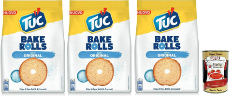 Italian Gourmet Chips Tuc Bake Rolls, Chips di Pane Sottile e Croccante gusto sale, Im Ofen gebackene, dünne und knusprige Brotchips 3x 150 g + Italian Gourmet polpa 400g 8032804040014
