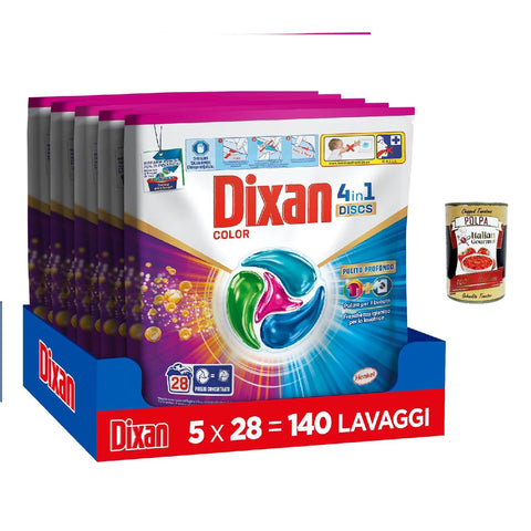 Dixan Discs 4in1 Color 28 lavaggi, Waschmaschinenwaschmittel in Kapseln 5x 28 Wäschen Color- & Feinwäsche italienisch Original