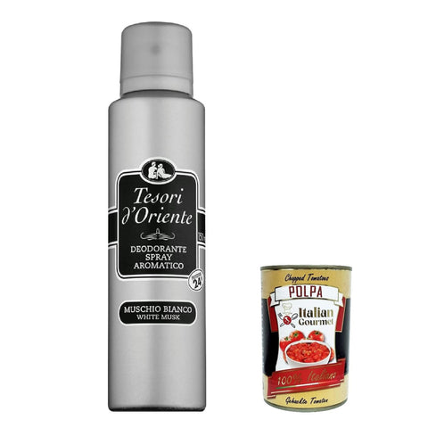 Tesori d'Oriente Muschio Bianco Aromatisches Deodorant Spray Weißer Moschus 150 ml 12x italienisch Original + kostenlos polpa 400 g