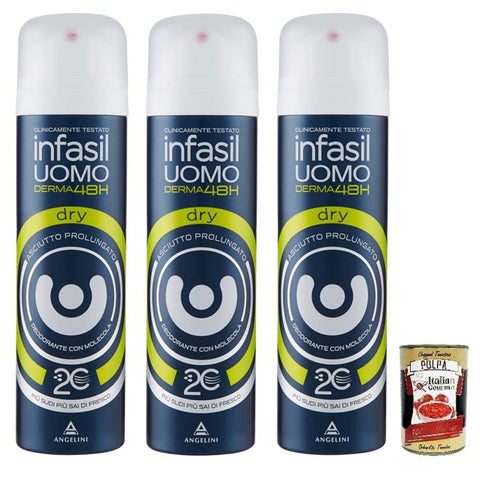 Infasil Uomo Derma48H Deodorante Deo Spray Dry, Trockenes Gefühl, Langanhaltend 3x150ml Original italienisch Pflege