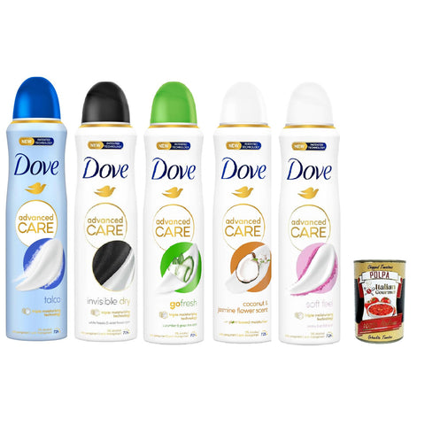 Dove deo Advanced Care Deodorant Testpaket, deo Mit feuchtigkeitsspendenden und empfindlichen Formel,ohne Alkohol, 72 Stunden, 5x 150 ml italienisch Original