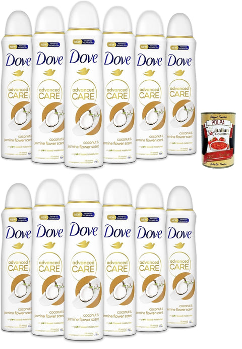 Italian Gourmet Deo Dove deodorant Spray Advanced Care Go Fresh Kokosnuss- und Jasminblüten, deo Mit feuchtigkeitsspendenden und empfindlichen Formel,ohne Alkohol, 72 Stunden, 12x 150 ml + Italian Gourmet polpa 400g 8032804040014