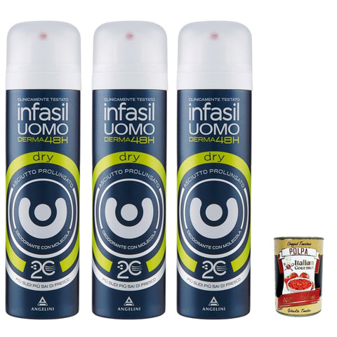 Infasil Deo-Spray für Herren Derma48H Dry hervorragender Schutz gegen überschüssiges Schweiß Deo 3x150 ml italienisch Original Deodorant + kostenlos polpa 400 g
