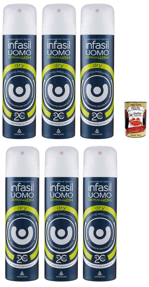 Italian Gourmet Deo Infasil Deo-Spray für Herren Derma48H Dry, hervorragender Schutz gegen überschüssiges Schweiß, Deo 6x150 ml + Italian Gourmet polpa 400g 8032804040014