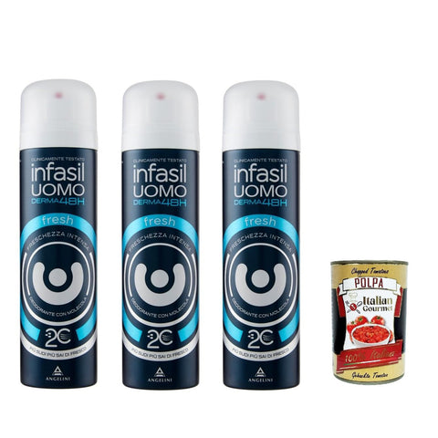 Infasil Deospray für Herren Derma 48h Fresh mit Molekül 2C intensive Frische Deo 3x150 ml italienisch Original Deodorant + kostenlos polpa 400 g