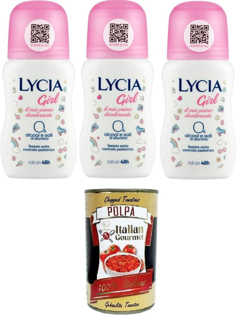 Lycia Girl Deodorant Roll on 0% Alkohol und Aluminiumsalze 3x50 ml italienisch Original + gratis polpa 400 g