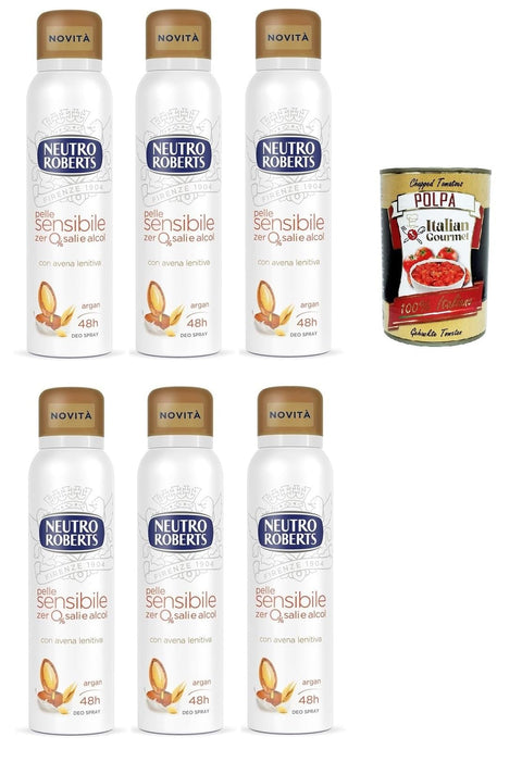 Italian Gourmet Deo Neutro Roberts Deodorante Spray Avena,Deospray für Empfindliche Haut mit Hafer und Argan, Wirksam 48 Stunden Ohne Salze und Alkohol - 6x 150ml + Italian Gourmet polpa 400g 8032804040014
